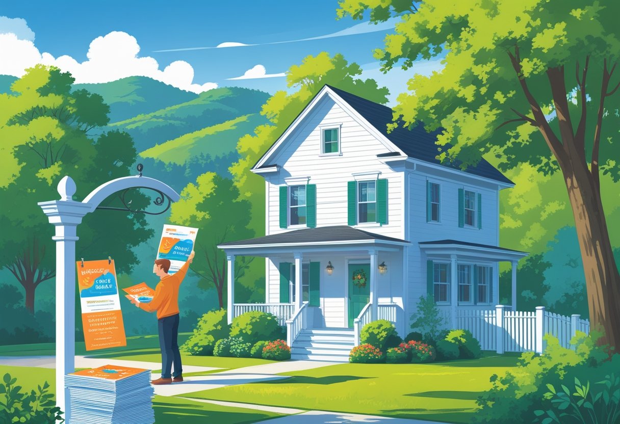 A delivery person handing a flyer to a homeowner at the front door of a house in a green, hilly neighborhood.