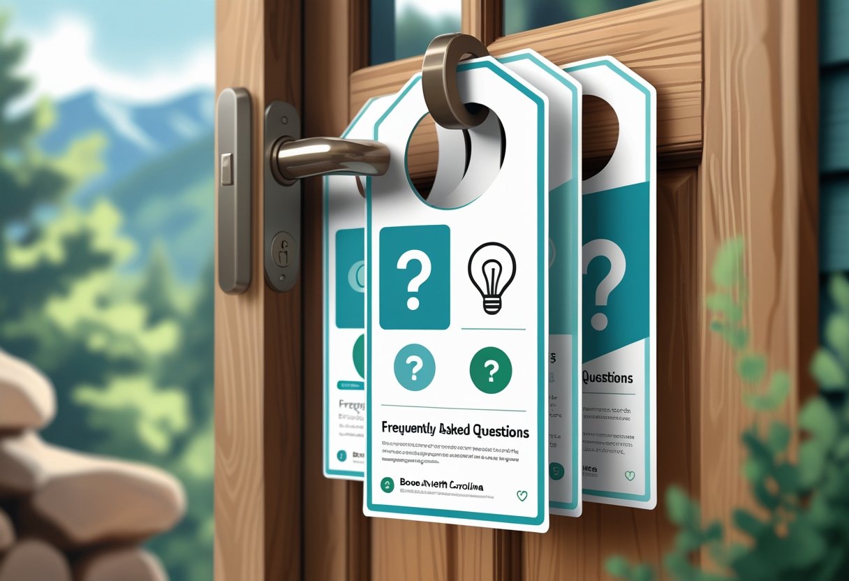 Several door hangers hanging on a wooden door handle with icons representing information and help, set against a background suggesting a mountain town environment.