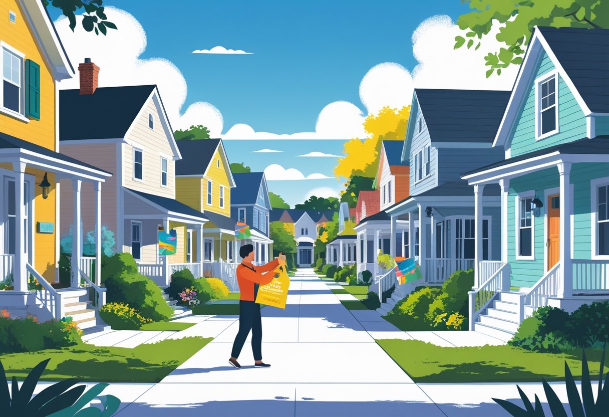 A person placing colorful door hangers on front doors in a sunny neighborhood with houses and greenery.