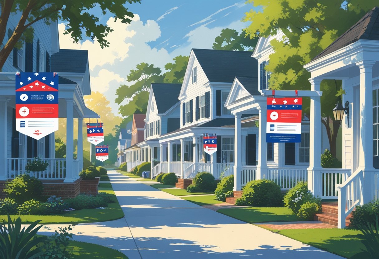 Several colorful political door hangers hanging on front doors in a suburban neighborhood with houses and greenery.