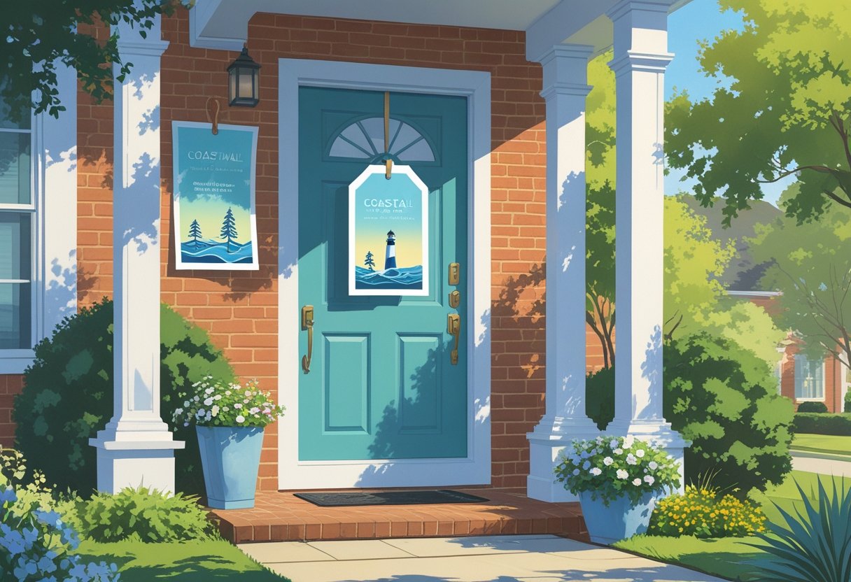 A colorful die-cut door hanger hanging on a front door handle in a sunny suburban neighborhood.