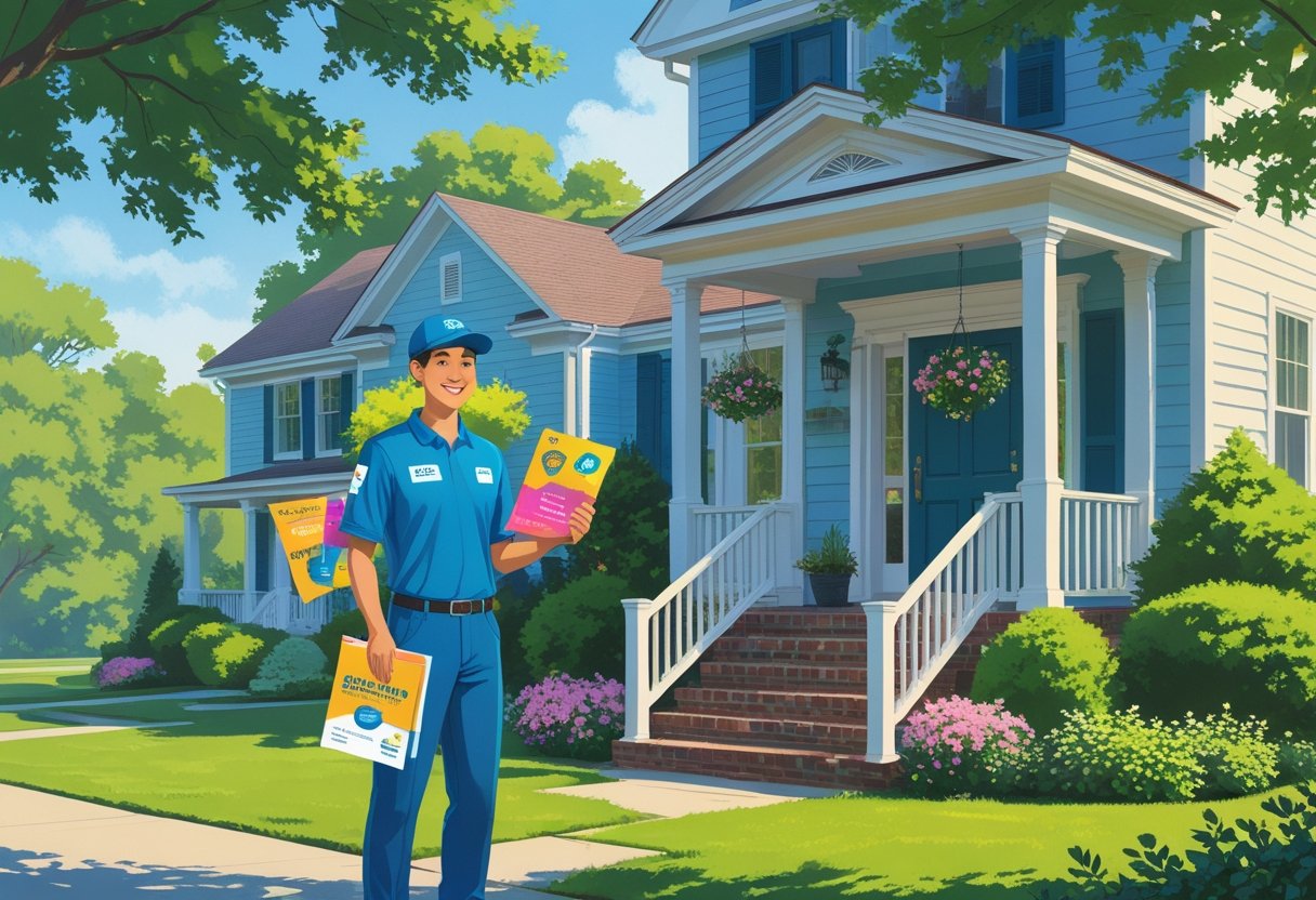 A delivery person handing colorful flyers and door hangers to a homeowner at the doorstep of a suburban house surrounded by greenery.