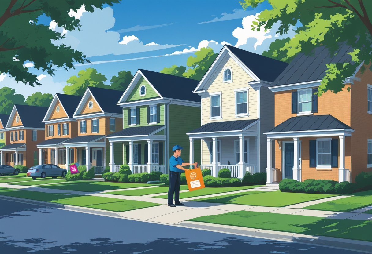 A delivery person placing colorful door hangers on doorknobs in a suburban neighborhood with houses and trees.