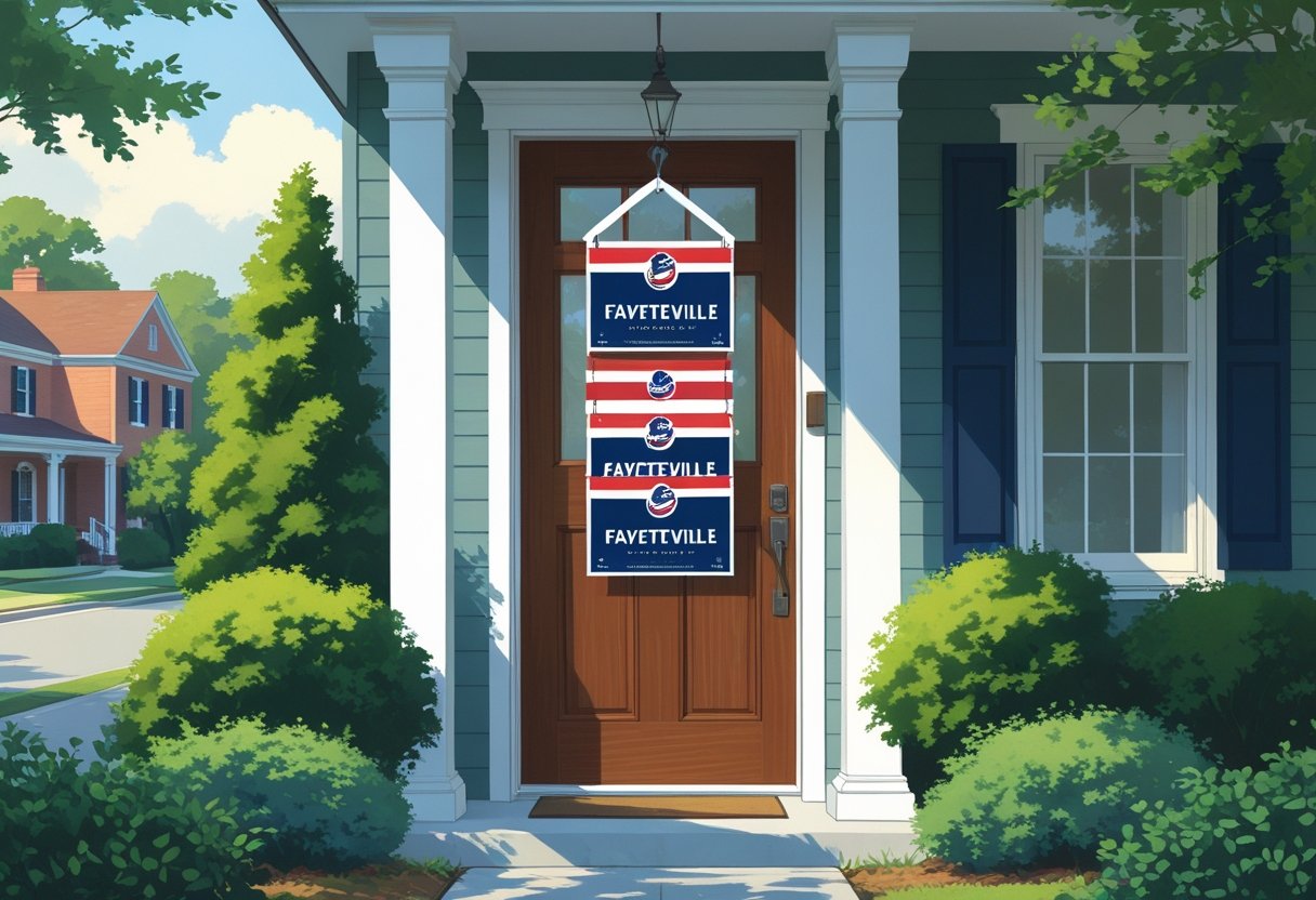 A front door of a suburban house in Fayetteville, North Carolina, with several political door hangers hanging on the door handle and surrounded by green plants.