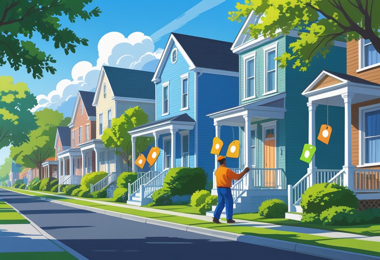 A delivery person placing colorful die-cut door hangers on front doors in a friendly neighborhood street with houses and trees.