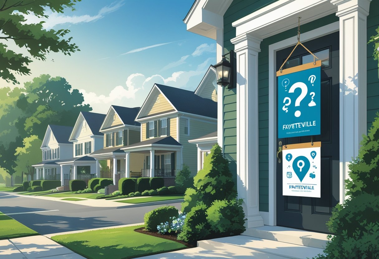 Door hangers with question icons hanging on a residential front door in a suburban neighborhood.