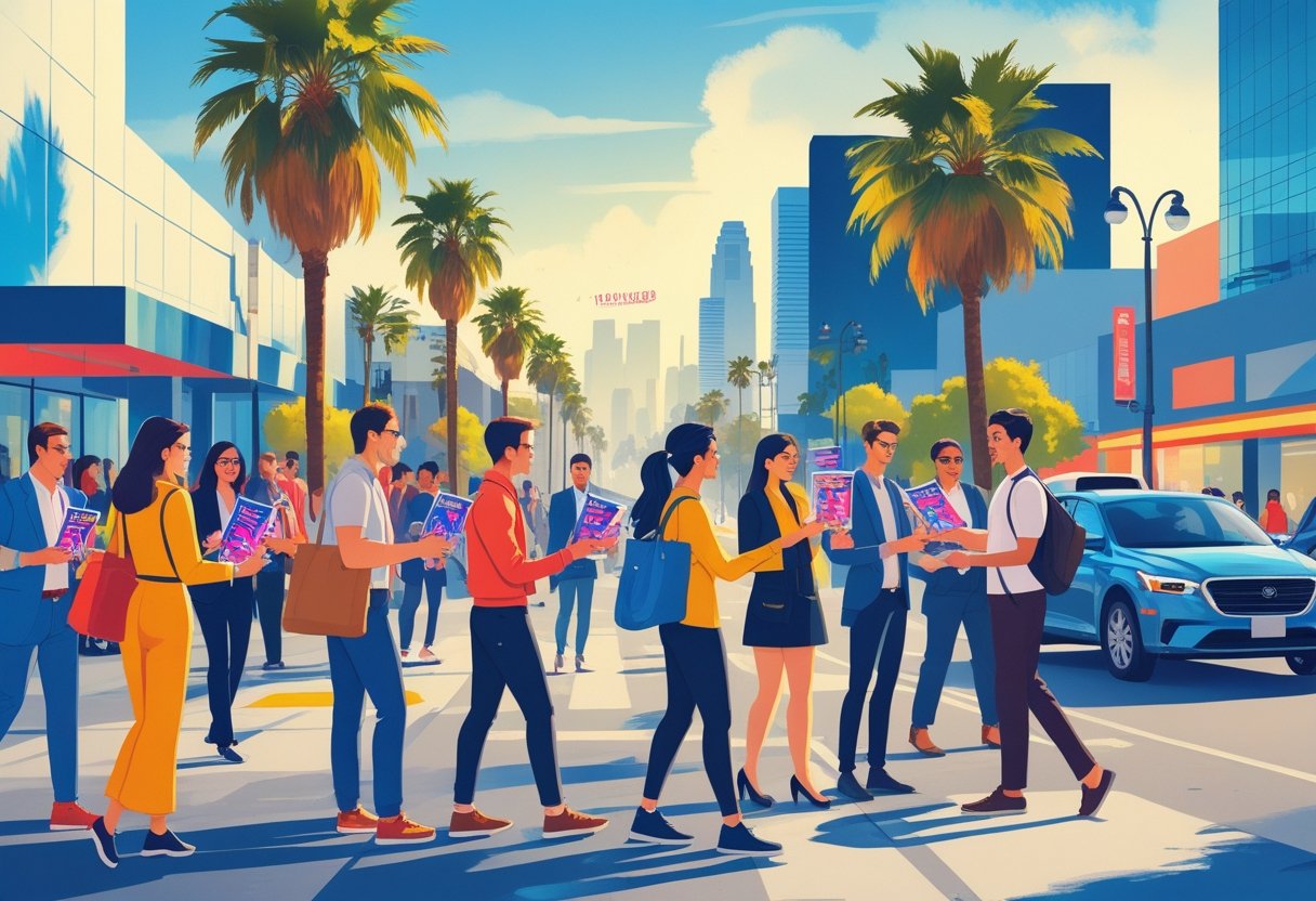 People handing out flyers to pedestrians on a busy street in Los Angeles with palm trees and city buildings in the background.