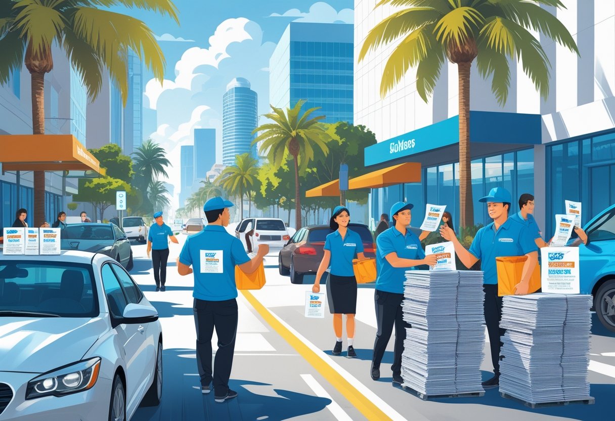 People distributing flyers to pedestrians and placing them on car windshields in a busy Los Angeles city street with palm trees and buildings in the background.