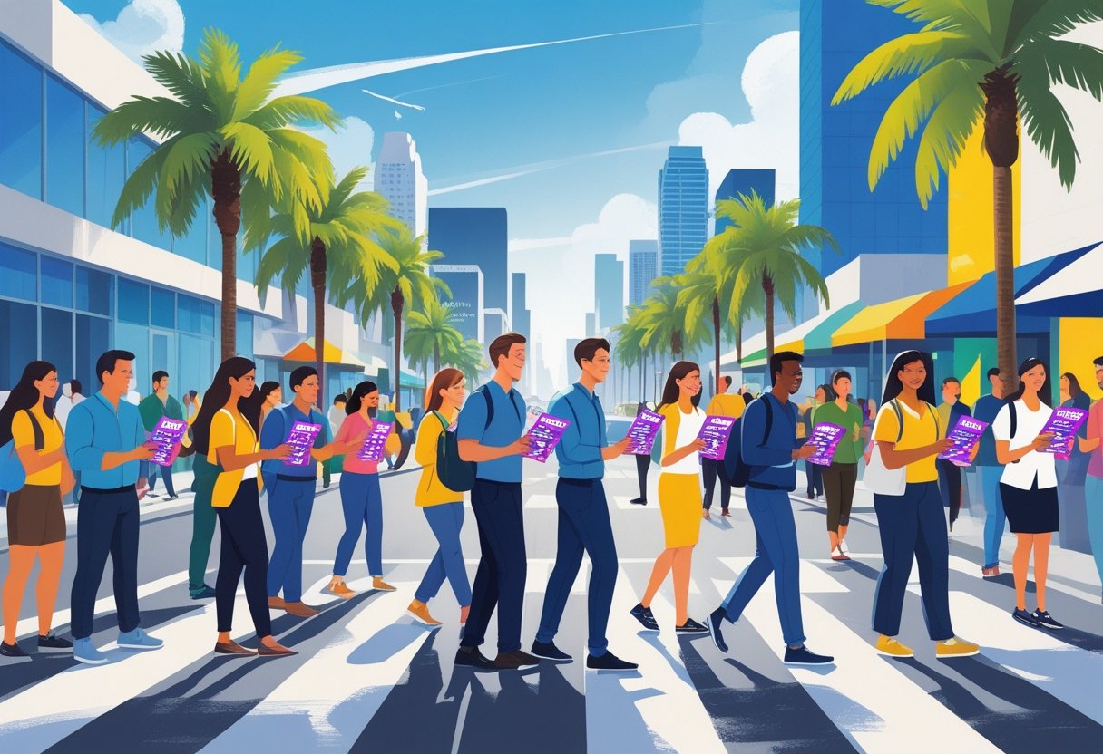 People distributing flyers on busy streets in Los Angeles with city landmarks in the background.