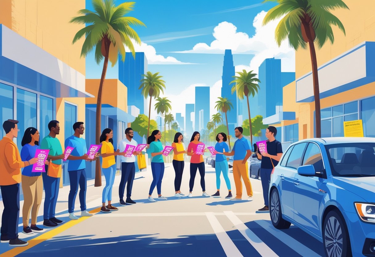 People distributing flyers on a busy street in Los Angeles with palm trees and city buildings in the background.