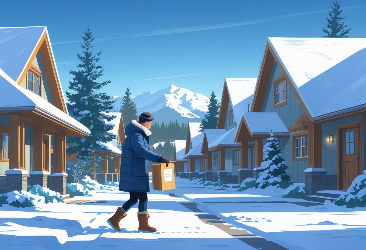 A person in winter clothing placing door hangers on houses in a snowy Alaskan neighborhood with mountains in the background.