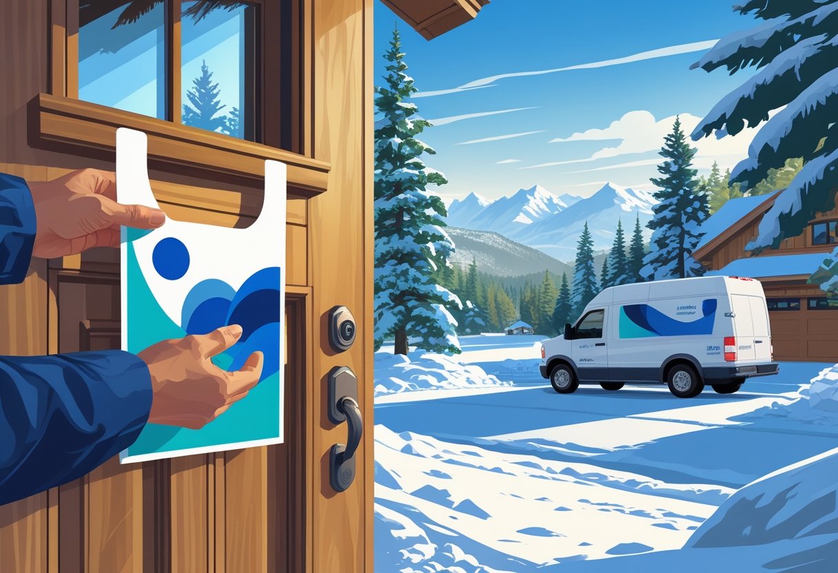 A hand placing a colorful door hanger on a wooden door of a house with snow-covered trees and mountains in the background.
