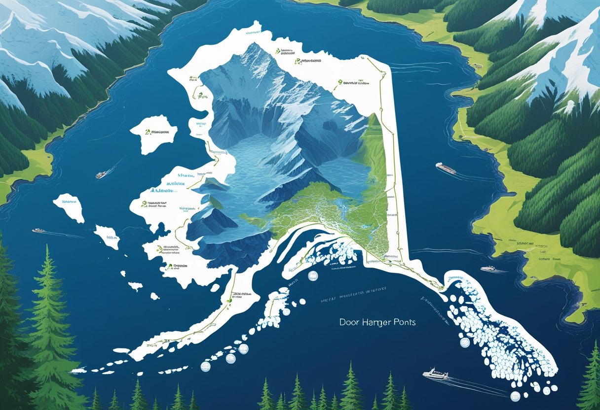 Map of Alaska showing mountains, forests, coastlines, and various regions with markers indicating door hanger distribution points and transportation routes.