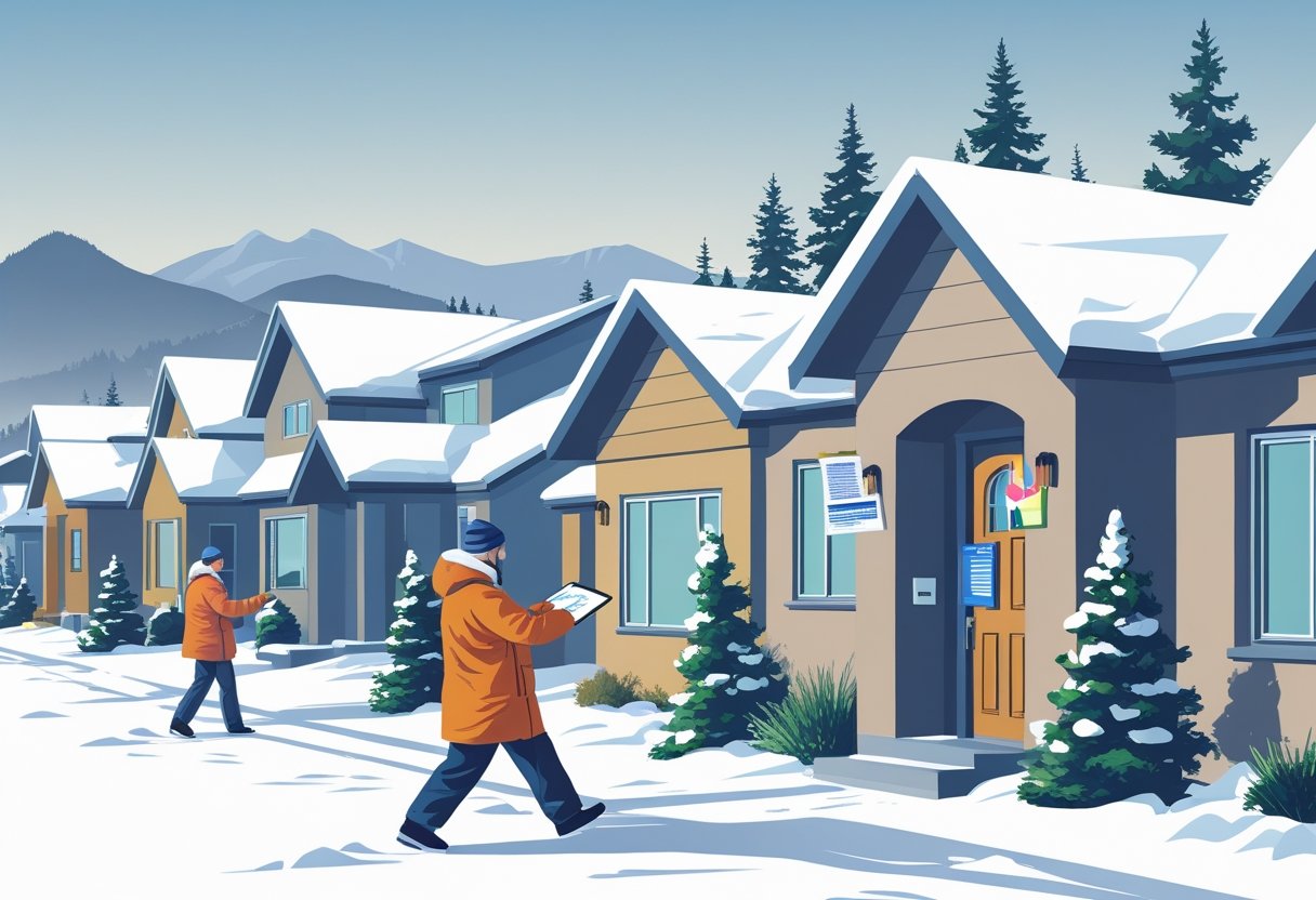 A person placing door hangers on snowy houses in an Alaskan neighborhood while another person records data on a tablet nearby.