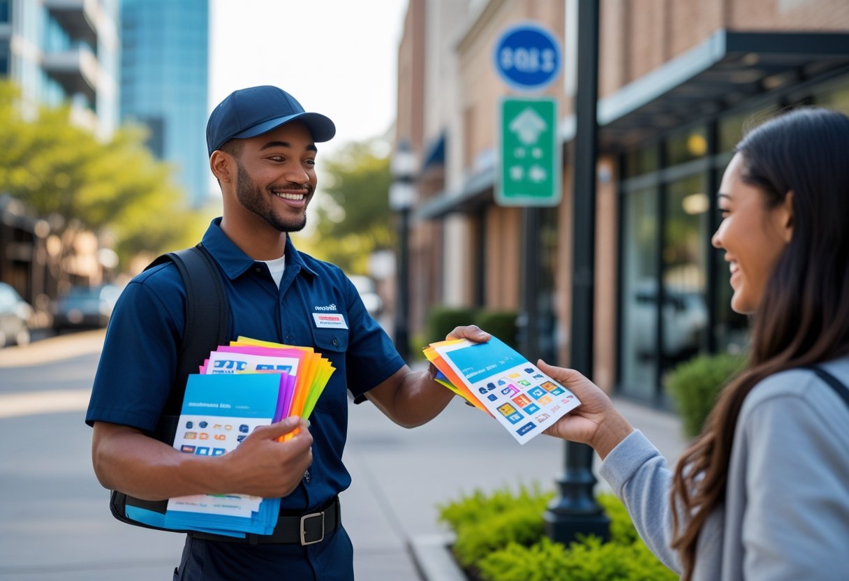 A delivery person handing out flyers to a passerby on a city sidewalk in Dallas during the day.