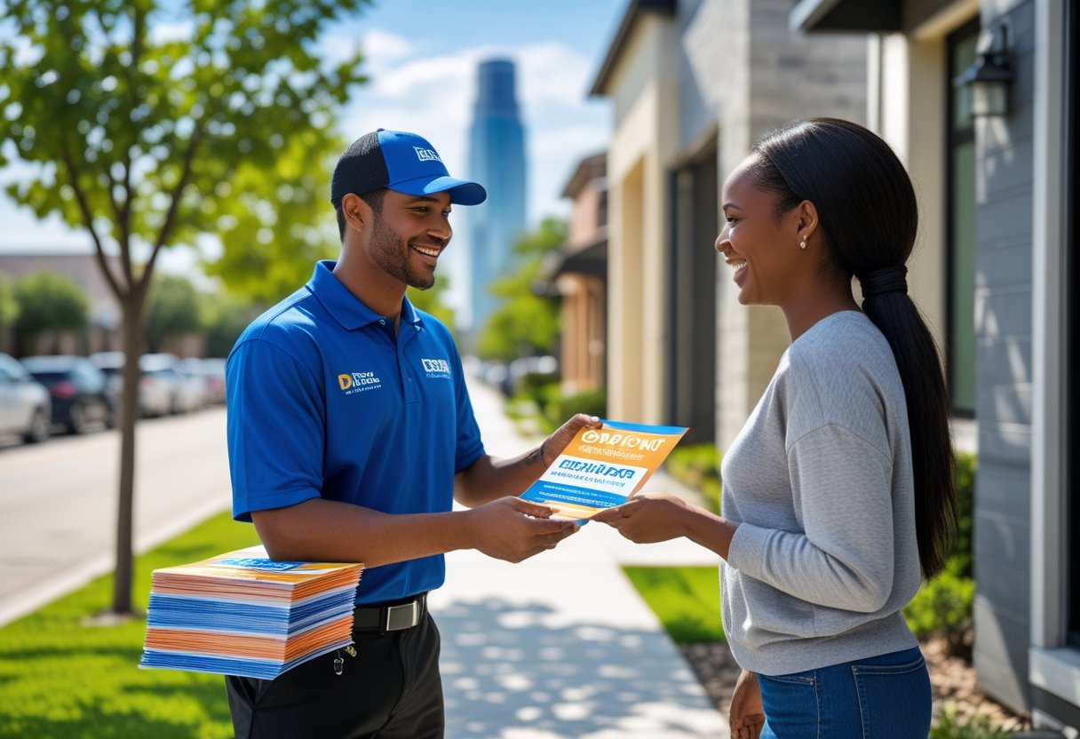 A delivery person handing flyers to a resident on a sunny street with Dallas skyline in the background.