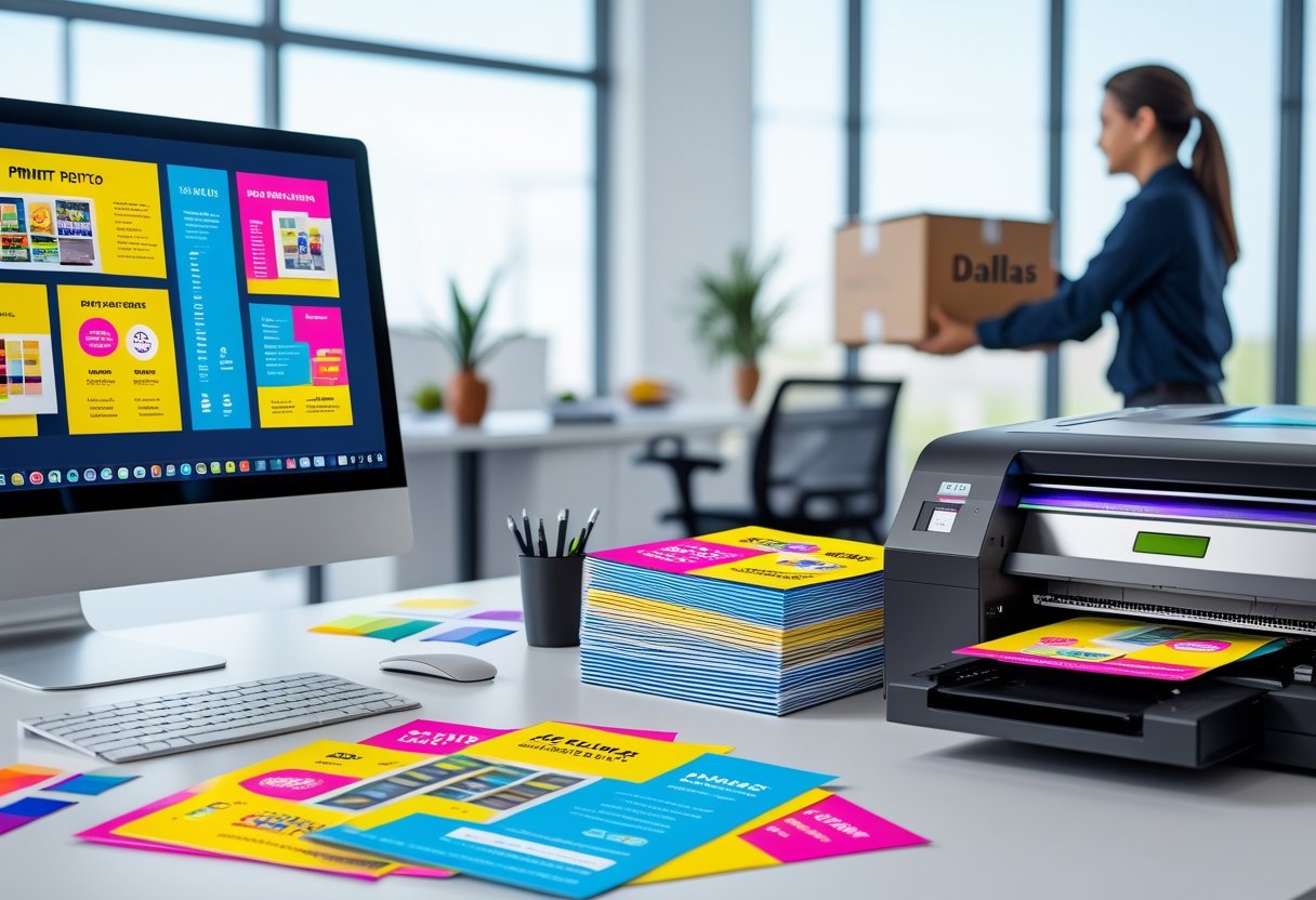 A designer working on flyer layouts at a computer with a printer producing colorful flyers and a delivery person handing over a package in an office.