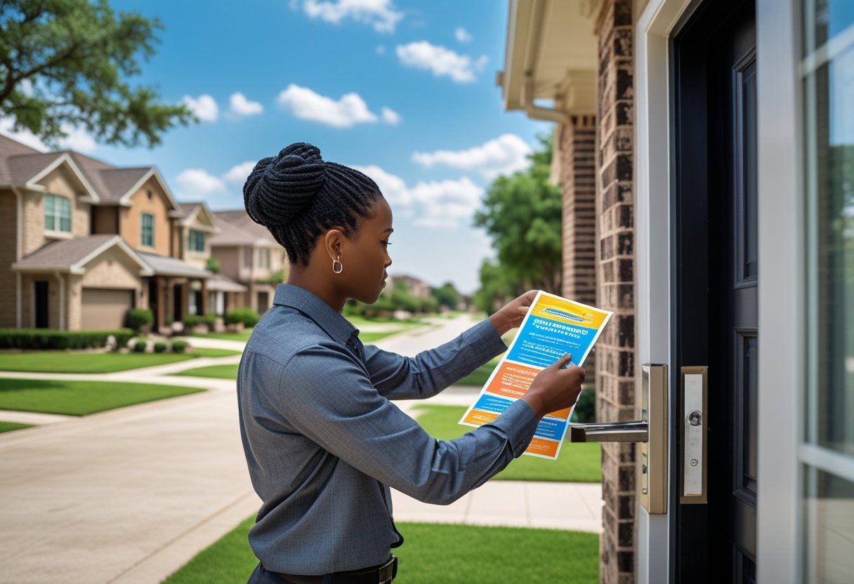 Person placing a flyer on a front door handle in a residential neighborhood during daytime.