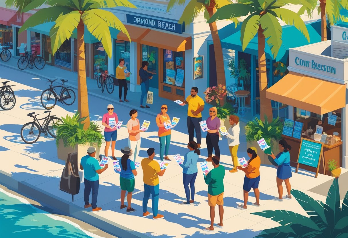 People handing out flyers near shops and palm trees on a sunny street corner in a coastal town.