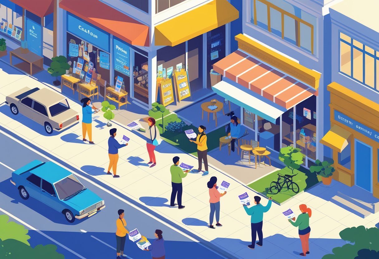 A lively neighborhood street with people handing out flyers to others near shops and cafes.