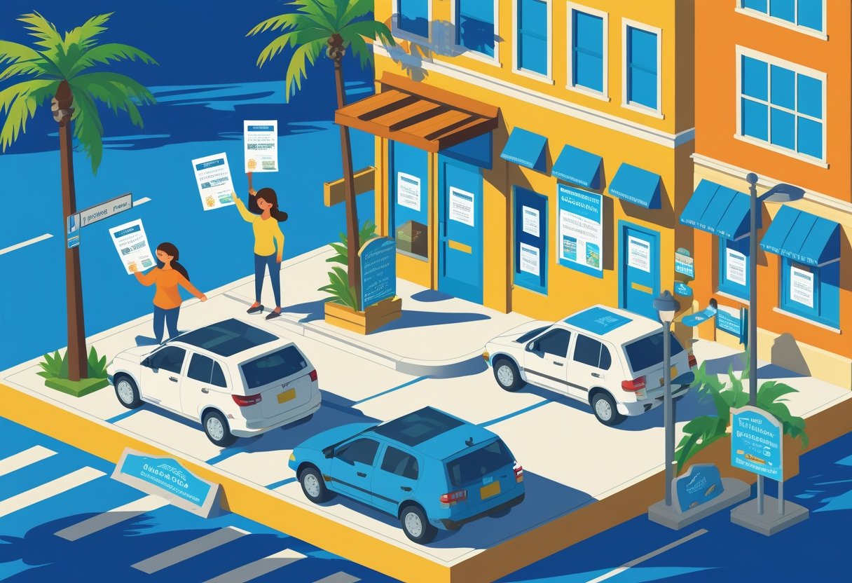 A neighborhood scene showing people distributing flyers to pedestrians, cars, and community boards in an outdoor urban area with shops and palm trees.