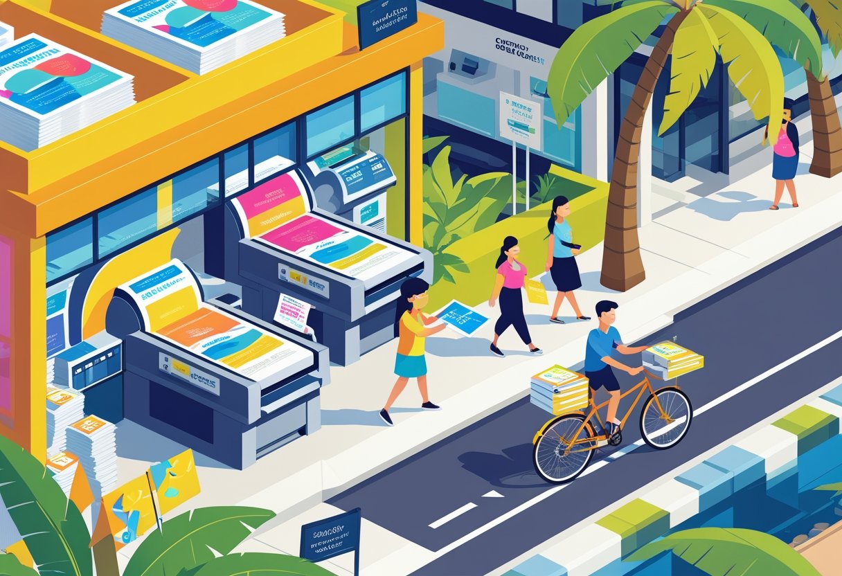 A small print shop with printing machines and staff handing out flyers to people walking along a sunny sidewalk with palm trees and beach elements.