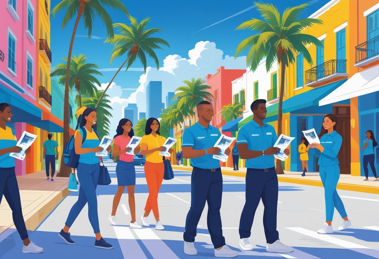 People handing out leaflets on a sunny street lined with palm trees and colorful buildings in Miami.