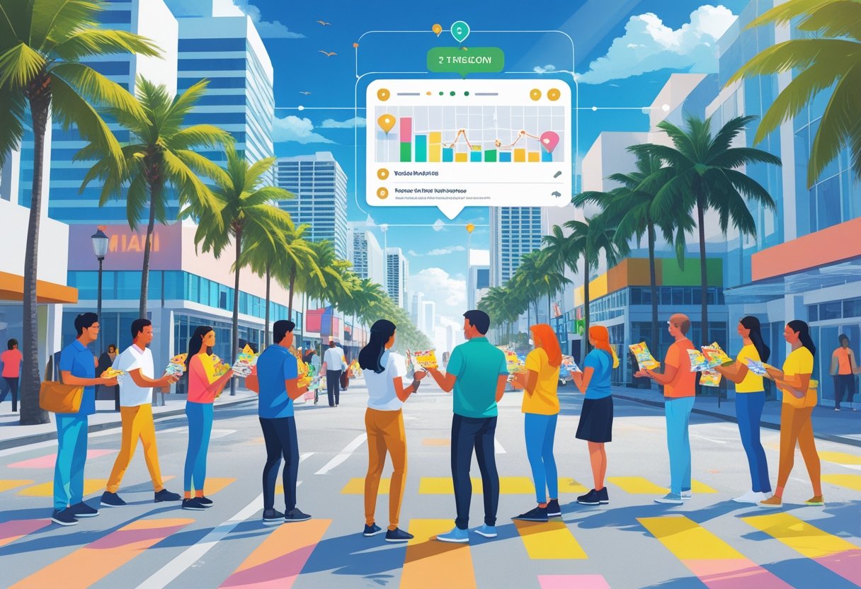 People distributing leaflets on busy Miami streets with palm trees and buildings, alongside a digital map showing distribution tracking.