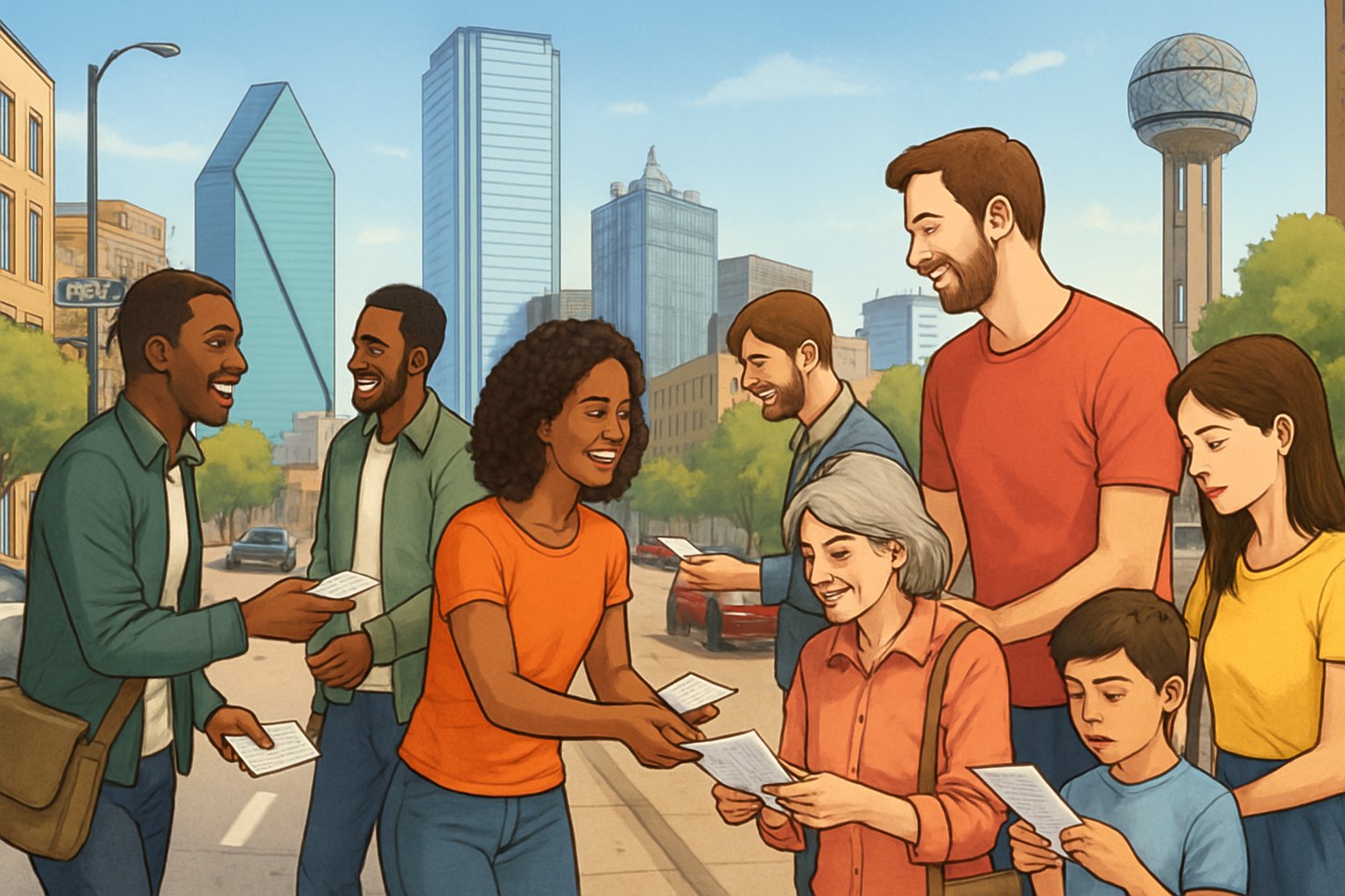 People distributing leaflets to others on a busy street in Dallas with city buildings visible in the background.