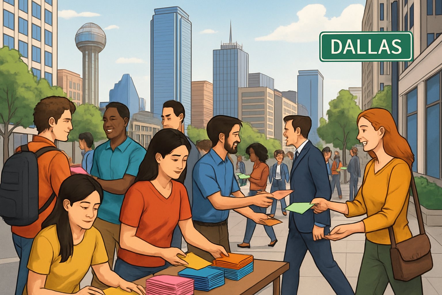 People distributing leaflets on busy city streets in Dallas with buildings and landmarks in the background.