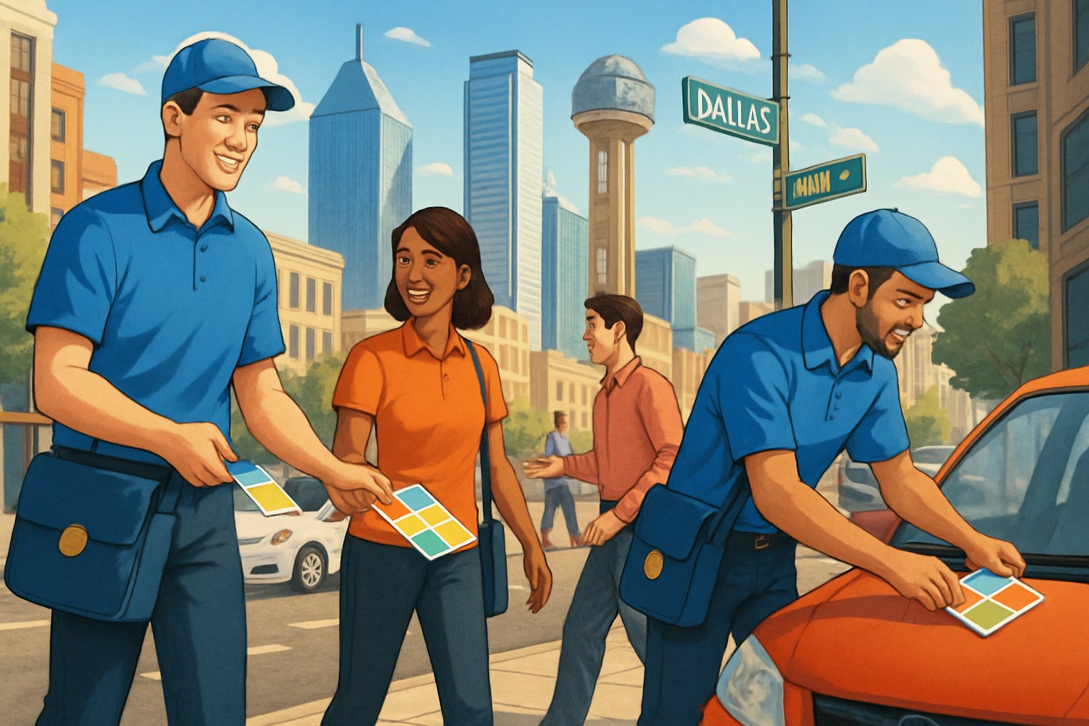 A city scene in Dallas with delivery workers handing out leaflets to people on busy streets near recognizable buildings.