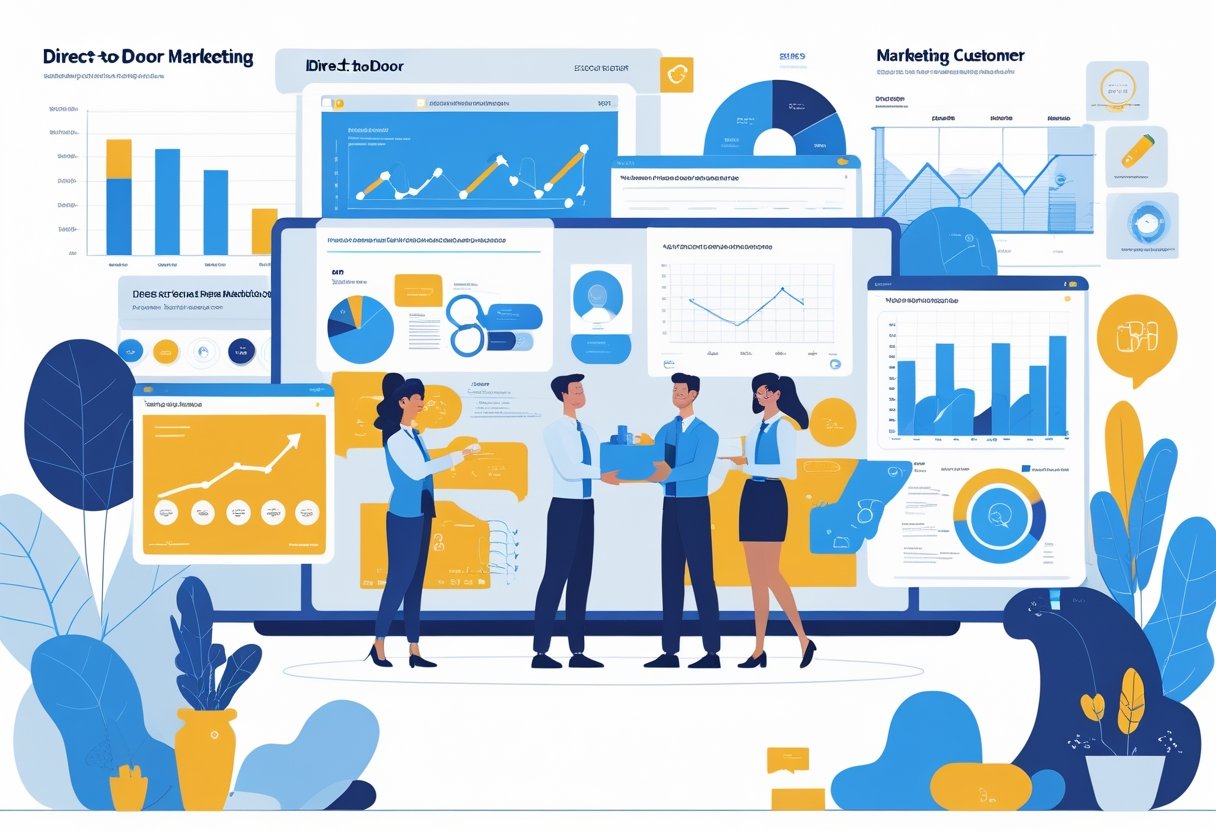 A delivery person hands a package to a customer at their front door while professionals analyze marketing data in an office setting.