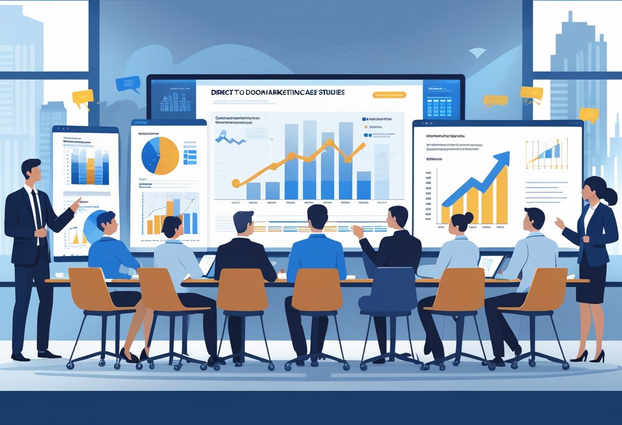 A group of professionals in a meeting room reviewing charts and reports about direct to door marketing strategies.
