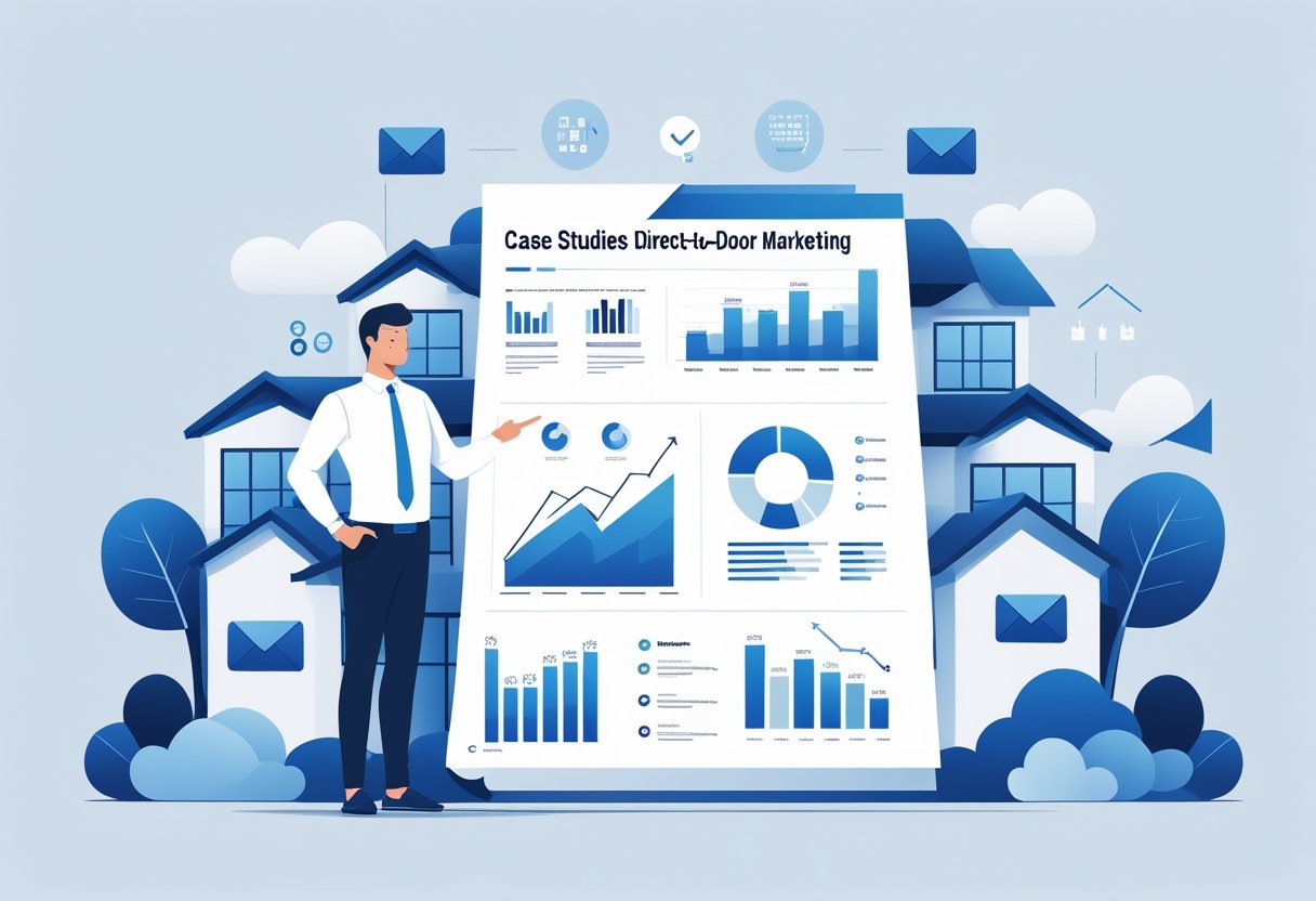 A business professional standing beside a large open report with charts and graphs, with houses and mailboxes in the background representing door-to-door marketing.