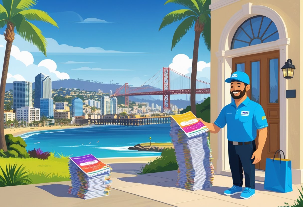 A delivery person handing flyers to a recipient in front of a San Diego cityscape with palm trees and a bridge.