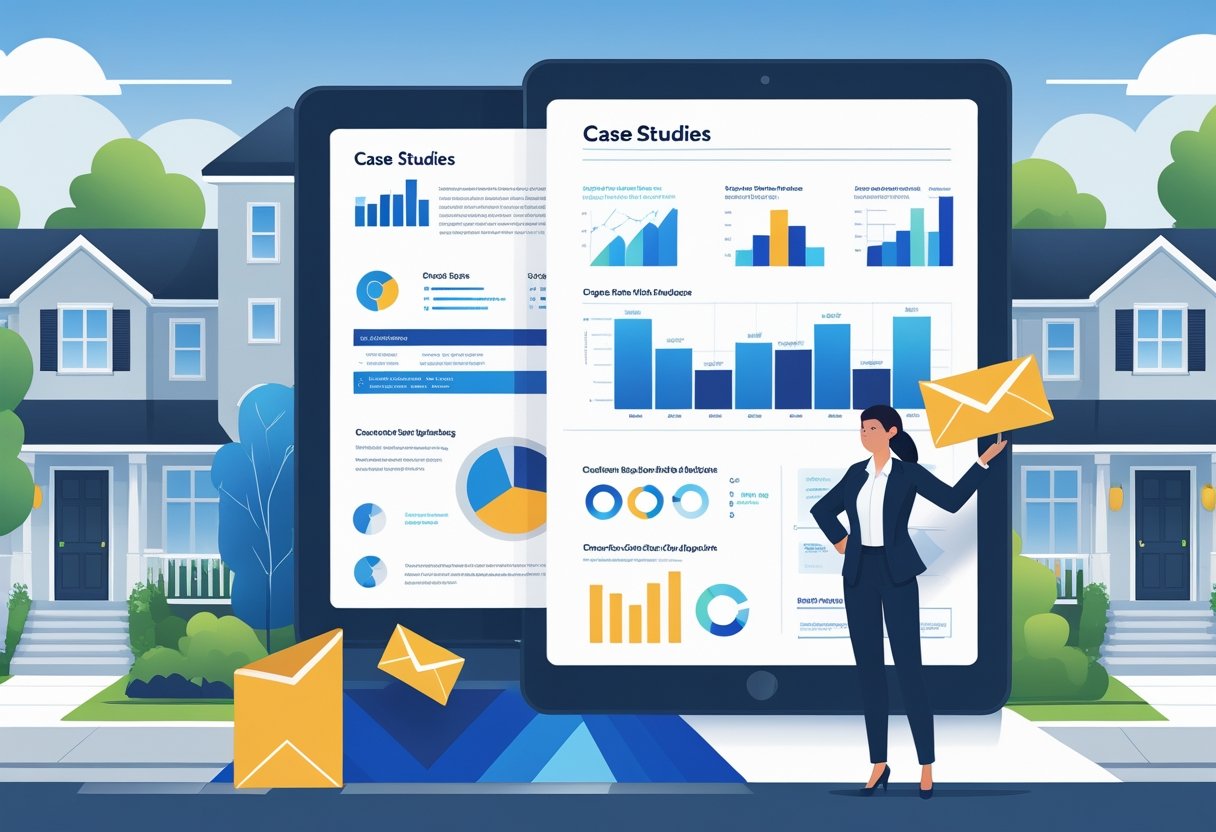 A businesswoman presenting a case study report with charts next to houses and a delivery person placing marketing materials at front doors.