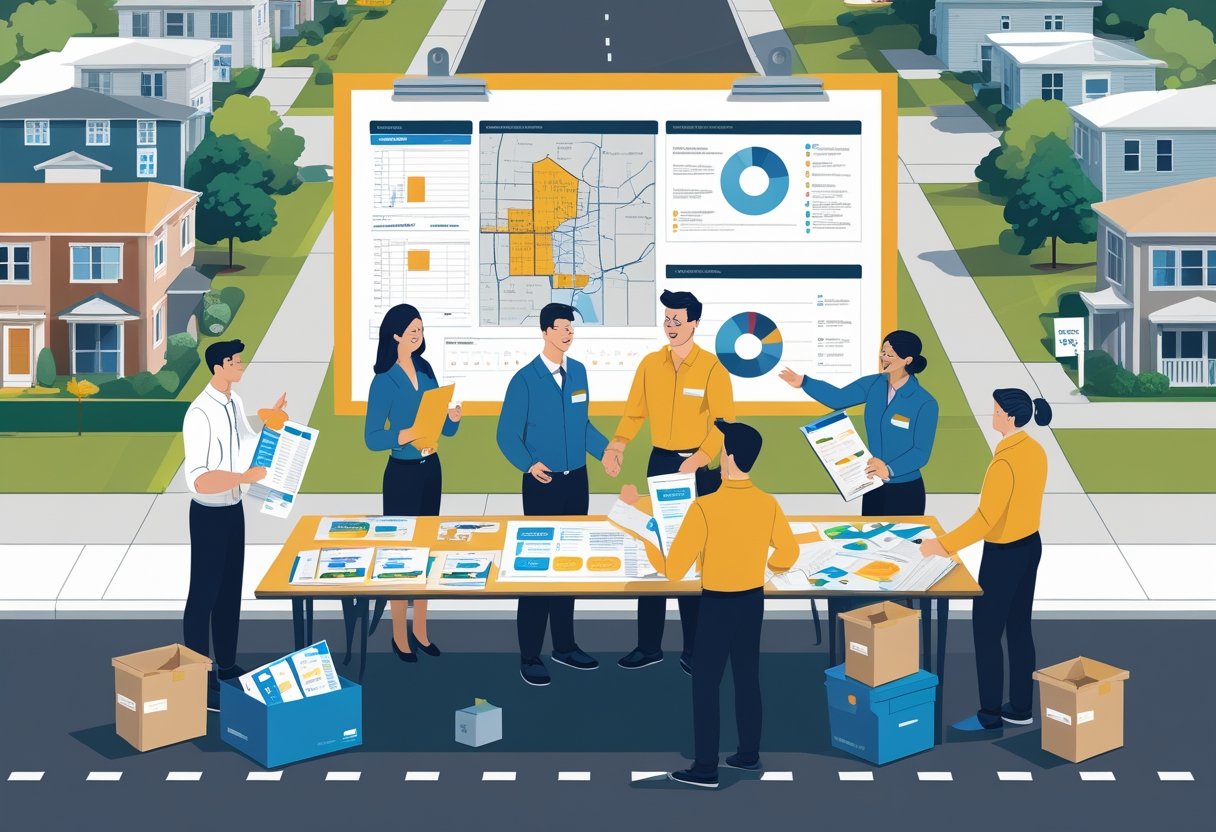 A group of marketing professionals collaborating around a table with charts and campaign materials, while a delivery person hands a package to a homeowner at their front door on a suburban street.
