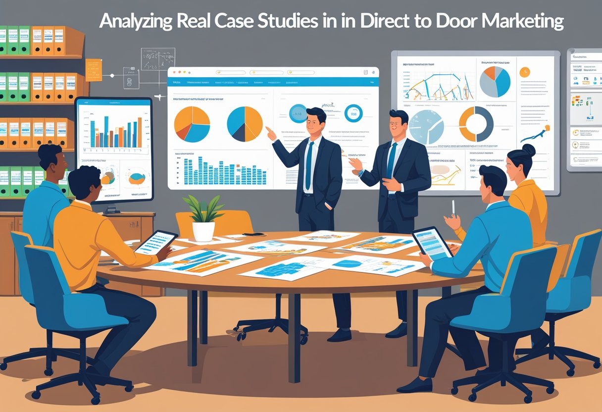 A group of business professionals analyzing marketing data and charts around a conference table in an office.