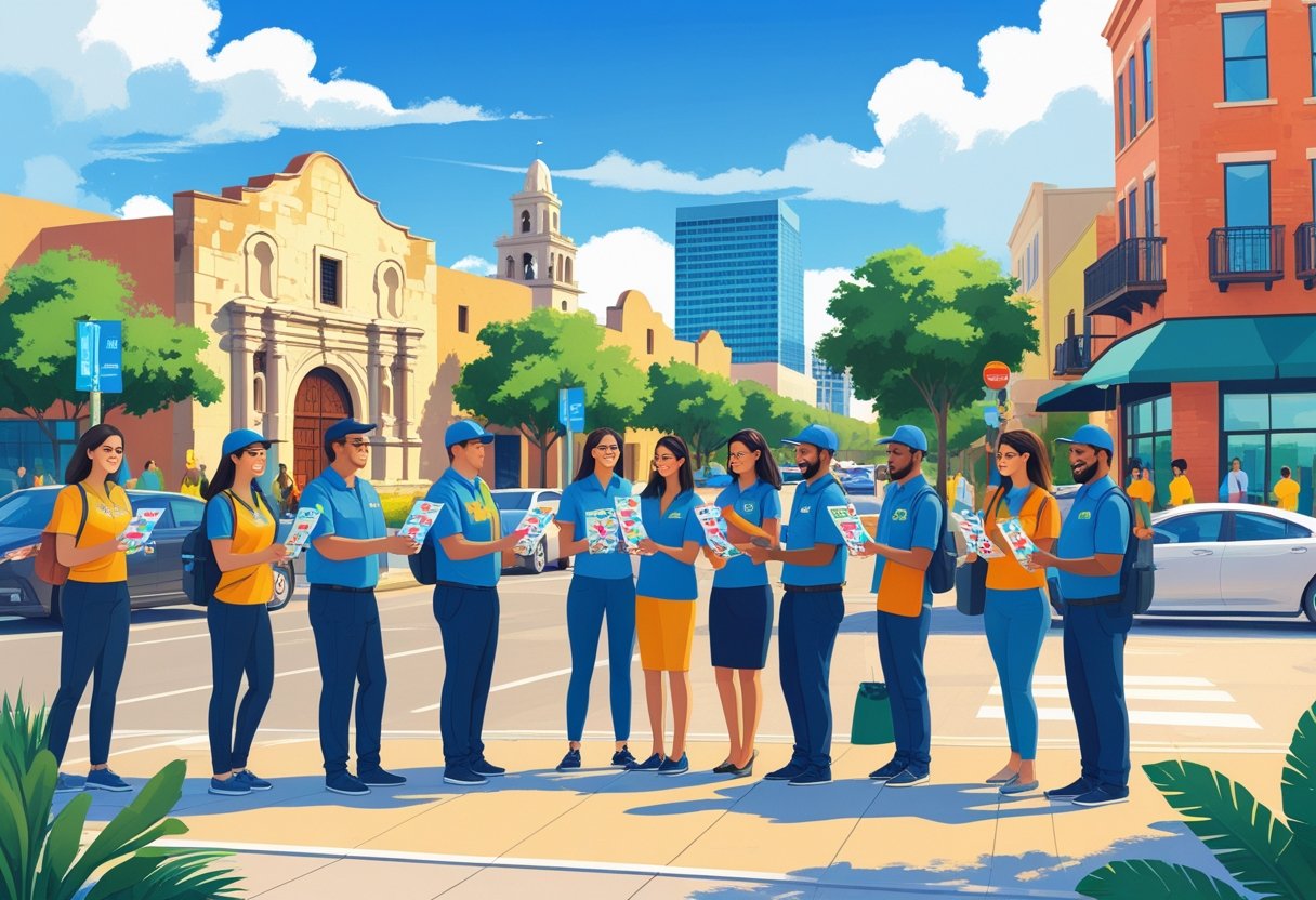 People handing out flyers to pedestrians on city streets near San Antonio landmarks.