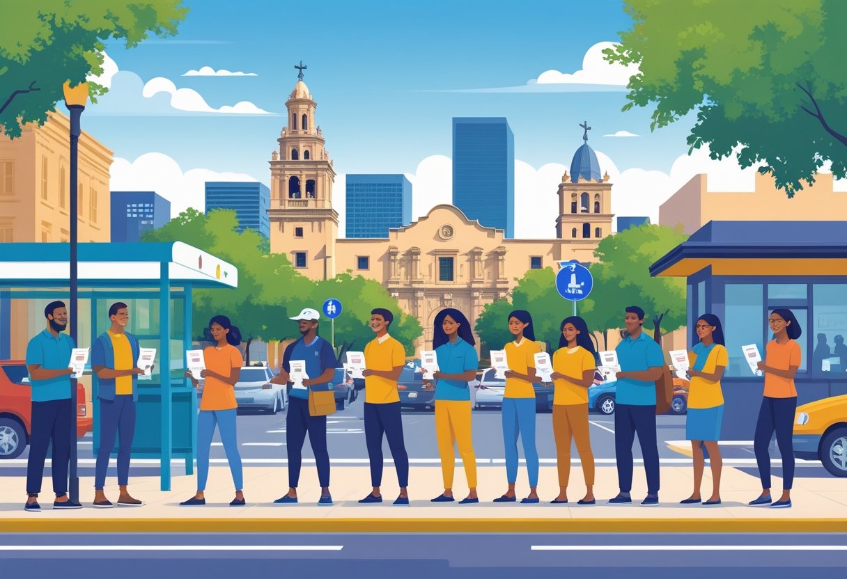 People distributing flyers to pedestrians near recognizable San Antonio landmarks in a busy city street scene.