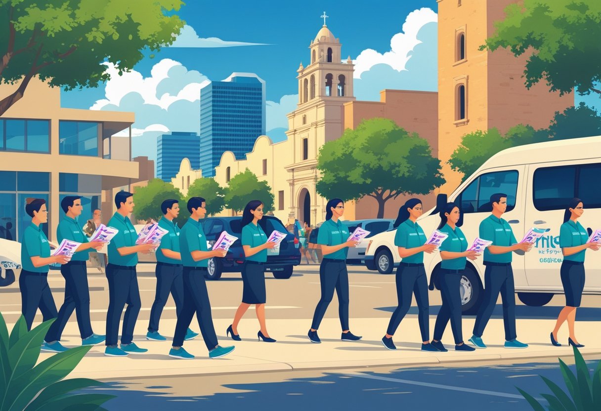 People distributing flyers to others on busy streets near recognizable San Antonio landmarks during a sunny day.