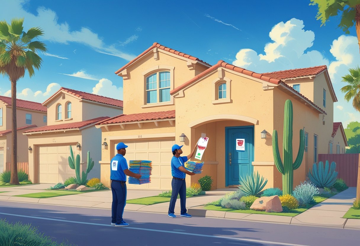 A delivery person placing a door hanger on a house door in a residential neighborhood with San Antonio-style houses and desert plants.