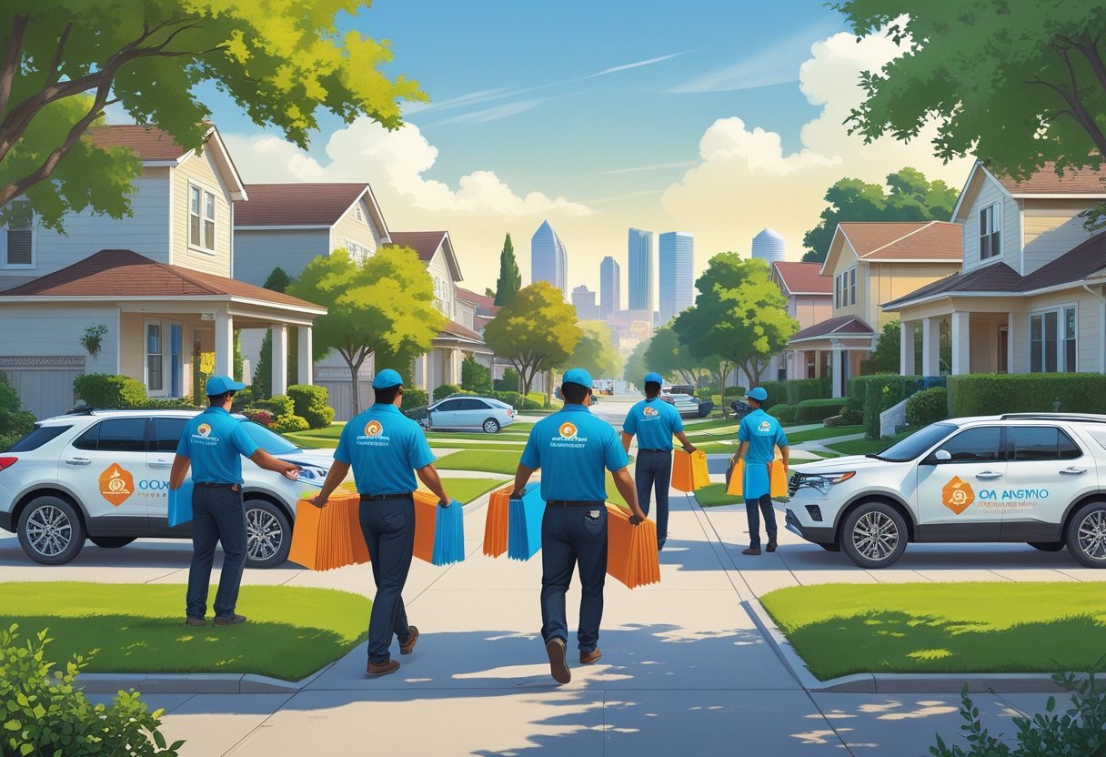 Delivery workers distributing flyers and door hangers to homes in a sunny suburban neighborhood with San Antonio landmarks in the background.