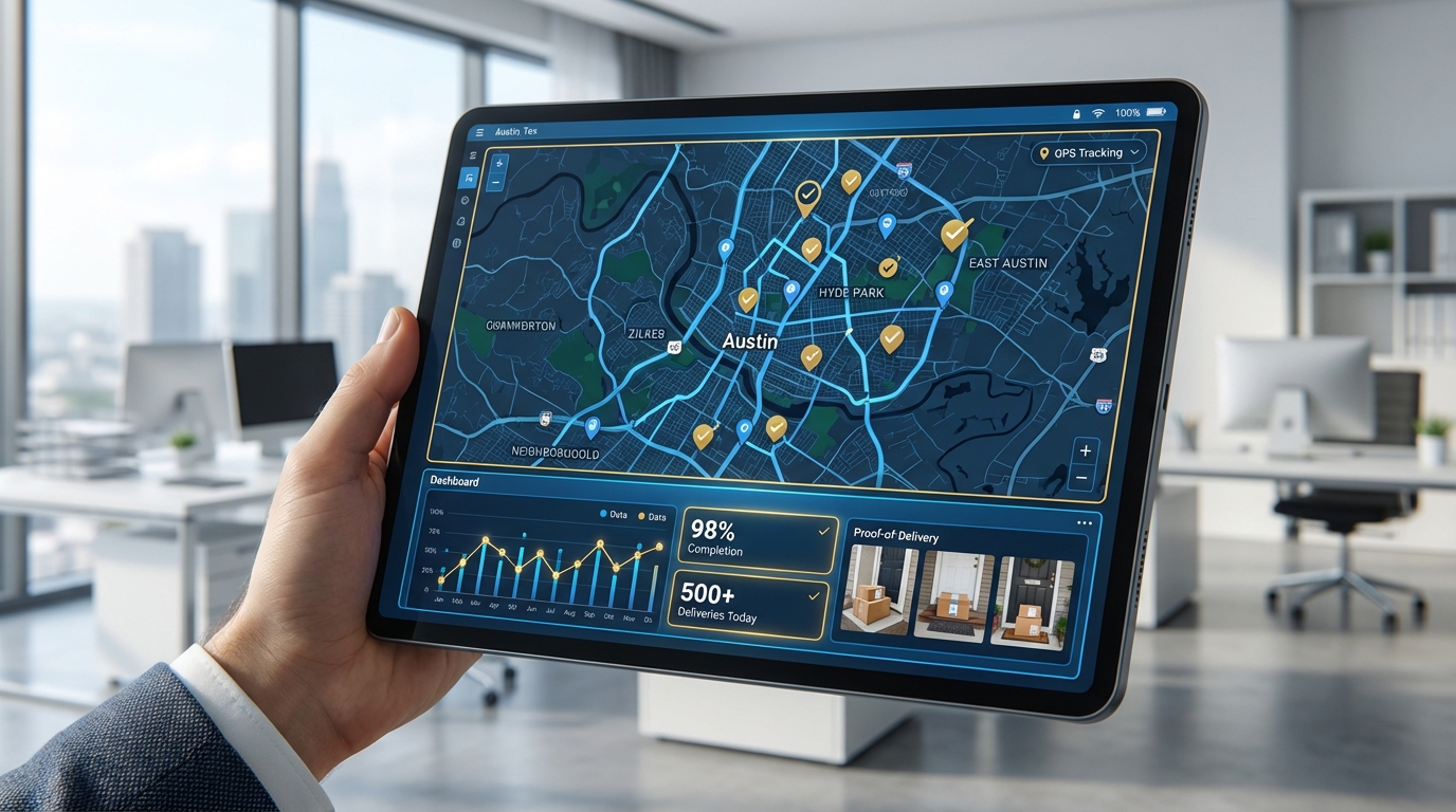 Direct to Door Marketing AI Management Platform dashboard showing verified flyer delivery photos across Austin neighborhoods