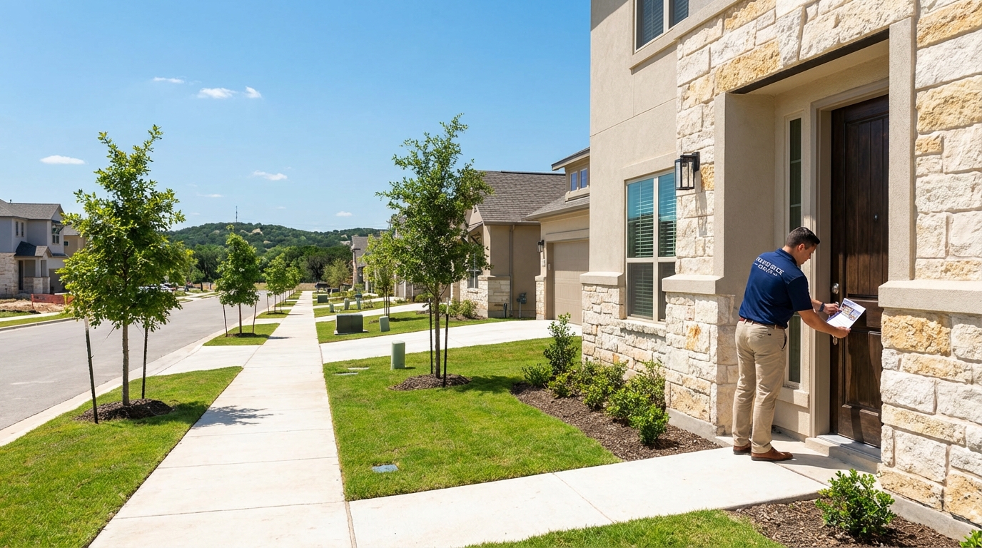 Flyer delivery at an Austin Texas apartment complex with professional distributor placing marketing materials