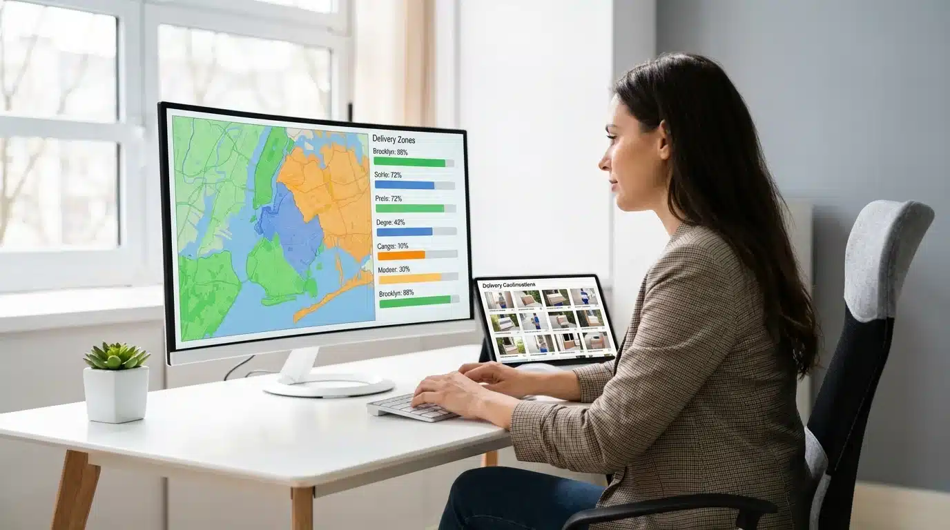 Marketing professional reviewing Lubbock door hanger distribution campaign analytics and delivery verification data