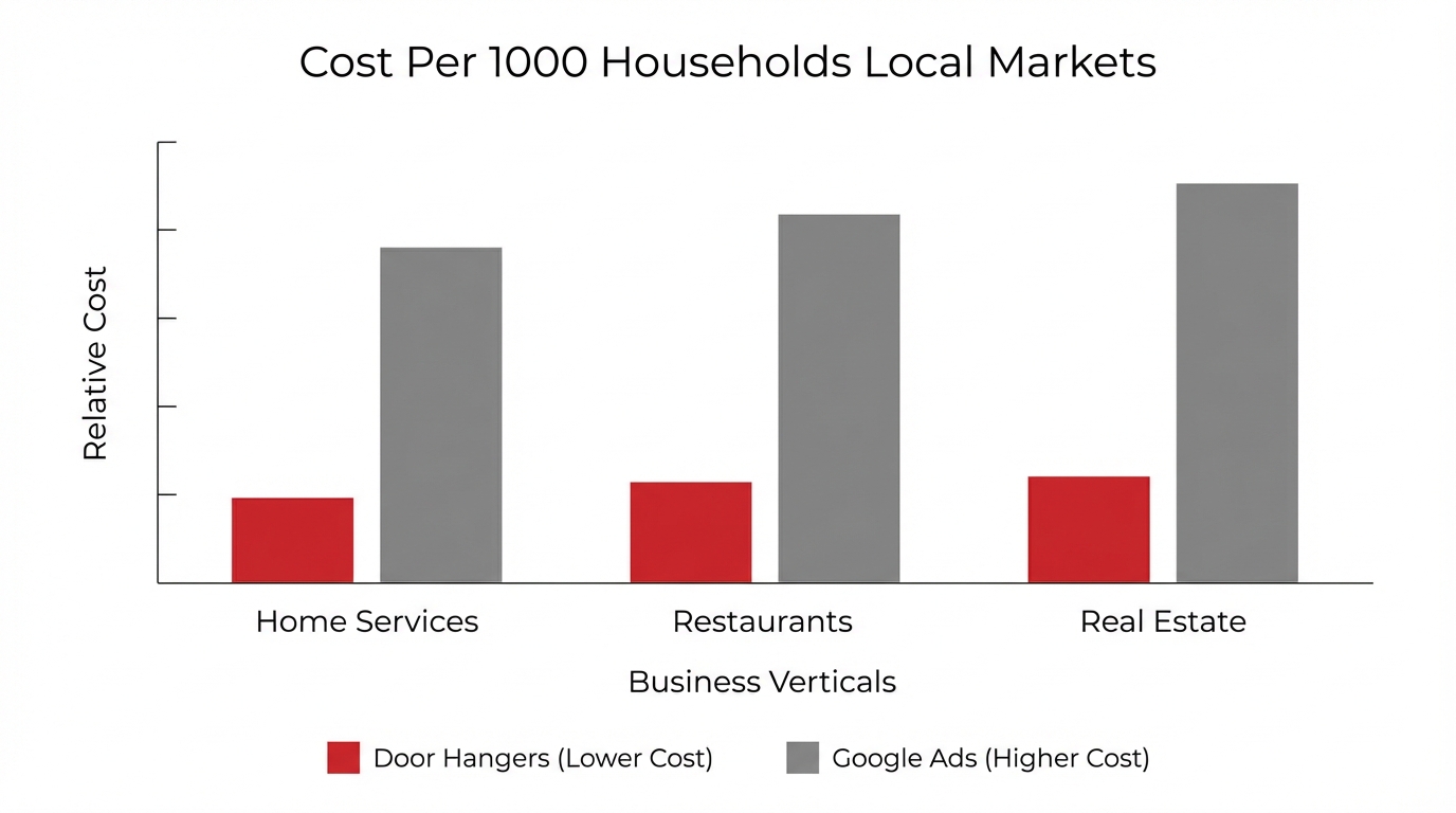 Door Hangers vs Google Ads: Complete Cost & Results Comparison (2026) 2 Bar chart comparing cost per thousand households reached for door hangers versus Google Ads in local markets