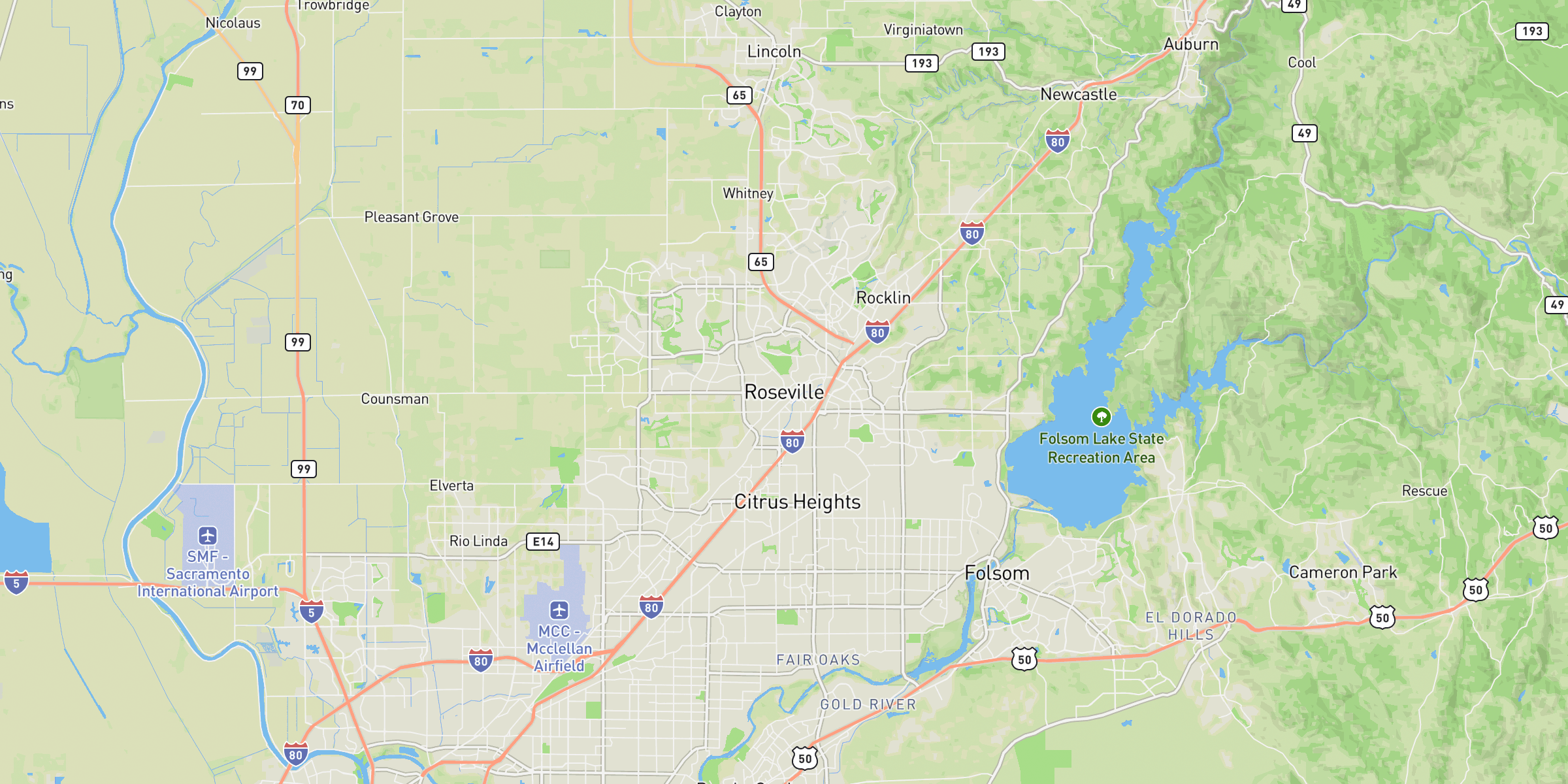 Roseville California door hanger distribution coverage map showing Placer County and surrounding Sacramento area communities