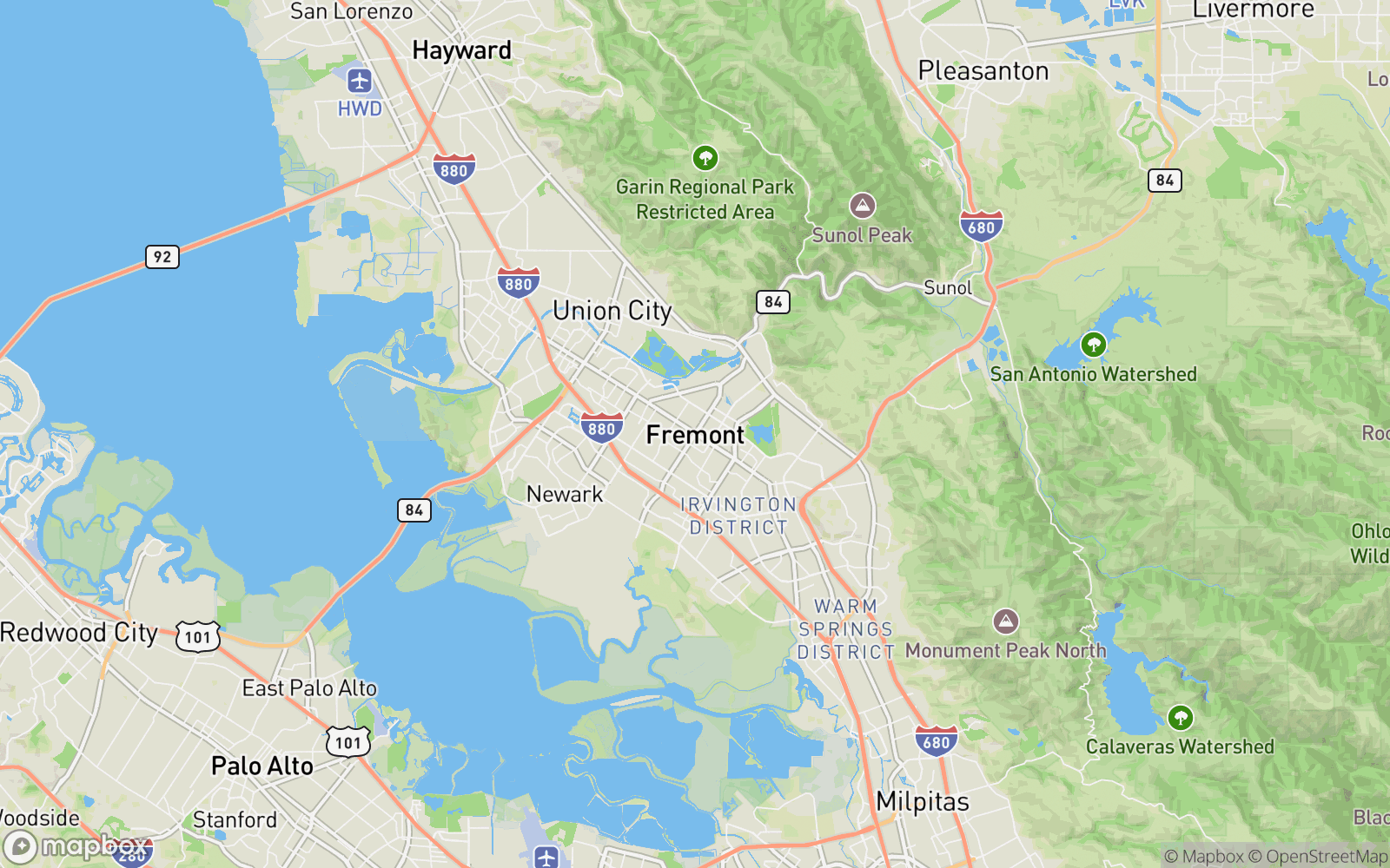 Fremont California door hanger distribution coverage map showing Alameda County and surrounding Bay Area communities