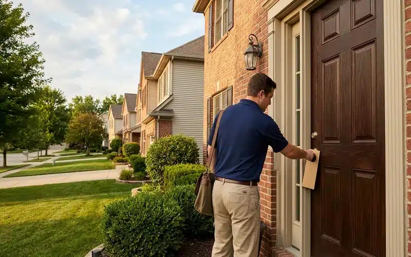 Professional distributor placing door hanger on residential door in O'Fallon Missouri